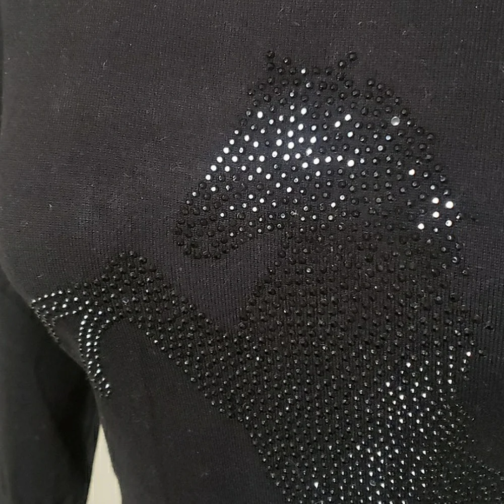 White House Black Market Black Crystal Horse Sweater Jewel Neck Keyhole XS S - Picture 7 of 14